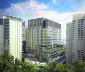 The 11-story, 620,000 square foot Brigham Building for the Future, underway next to Brigham and Women’s Hospital in Boston, will house labs plus outpatient clinical and imaging facilities space, as well as conference and educational spaces.  Rendering courtesy of NBBJ