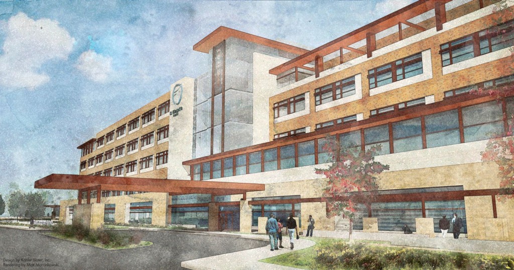 St. Elizabeth’s Hospital and Hospital Sisters Health System recently announced plans for a $300 million, 144-bed replacement for their Belleville, Ill., hospital. The new campus is planned for a 114-acre site in nearby O’Fallon, Ill. (Rendering courtesy of St. Elizabeth’s Hospital)