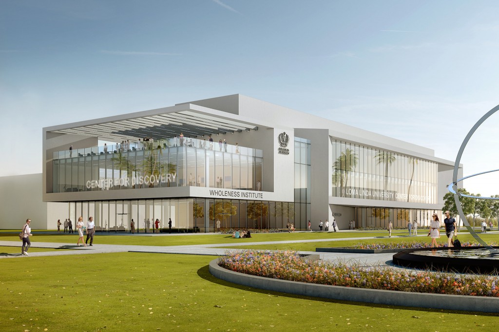A $1.2 billion expansion at Loma Linda University Health will include an $823 million hospital addition as well as this $60 million research facility, which will house the Center for Discovery and the Wholeness Institute.  (Rendering courtesy of Loma Linda University Health)