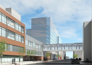 The $300 million redesign of the Boston Medical Center campus is slated to include the construction of a transport bridge to make it easier to move patients from the BMC helipad to the Emergency Department across the street. (Rendering courtesy of TRO Jung Brannen)