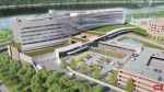 The flowing shape of the proposed $466 million, seven-story, 696,000 square foot, 294-room Vassar Brothers Medical Center inpatient pavilion in Poughkeepsie, N.Y., is intended to remind visitors of the neighboring Hudson River. (Rendering courtesy of RTKL)