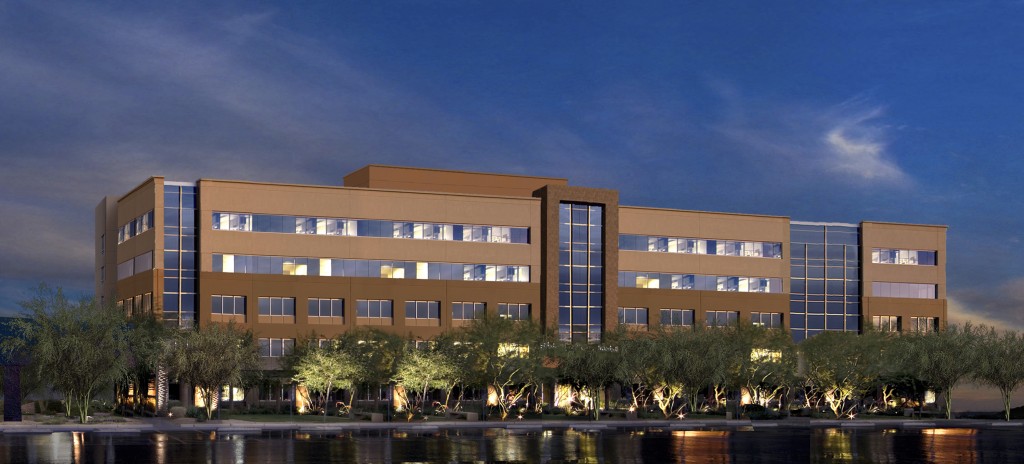 Plaza Companies and Duke Realty plan to develop a $16 million, 70,000 square foot second medical office building on the campus of Banner Estrella Medical Center in Phoenix. Plans include an option for a future 55,000 square foot expansion. (Rendering courtesy of Plaza Companies)