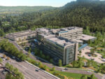 An aerial architectural rendering of the Kaiser Permanente Sunnyside Medical Center hospital tower, featuring a modern multi-story glass building nestled against a lush, forested hillside.
